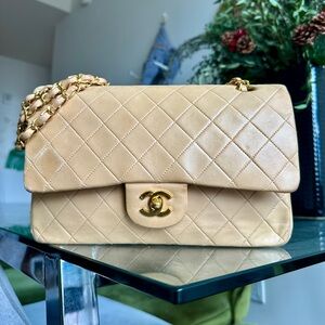 CHANEL Beige Classic Quilted Double Flap Bag - Vintage